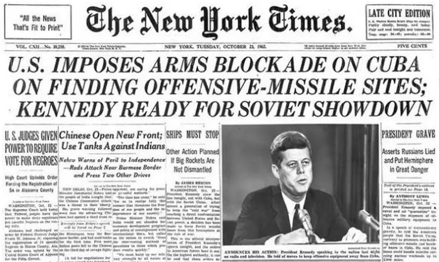 JFK NYT US imposes arms blockade on cuba on finding offensive missile sites. Kennedy ready for soviet showdown Cuban Missile Crisis - Will Hurd