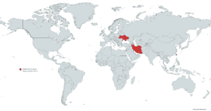 Map of the world with Ukraine, Taiwan and Iran highlighted.