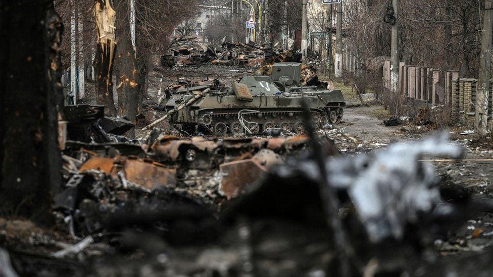 Destroyed Russian armored vehicles in the city of Bucha