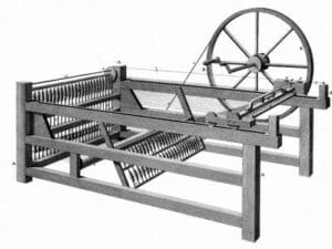 Photo: A drawing of a spinning jenny. It was invented in 1764 by James Hargreaves, an English cotton weaver. Spinners took raw materials (such as wool, flax, and cotton) and turned them into thread. The original spinning jenny did the work of 8 people. - Encyclopedia Britannica