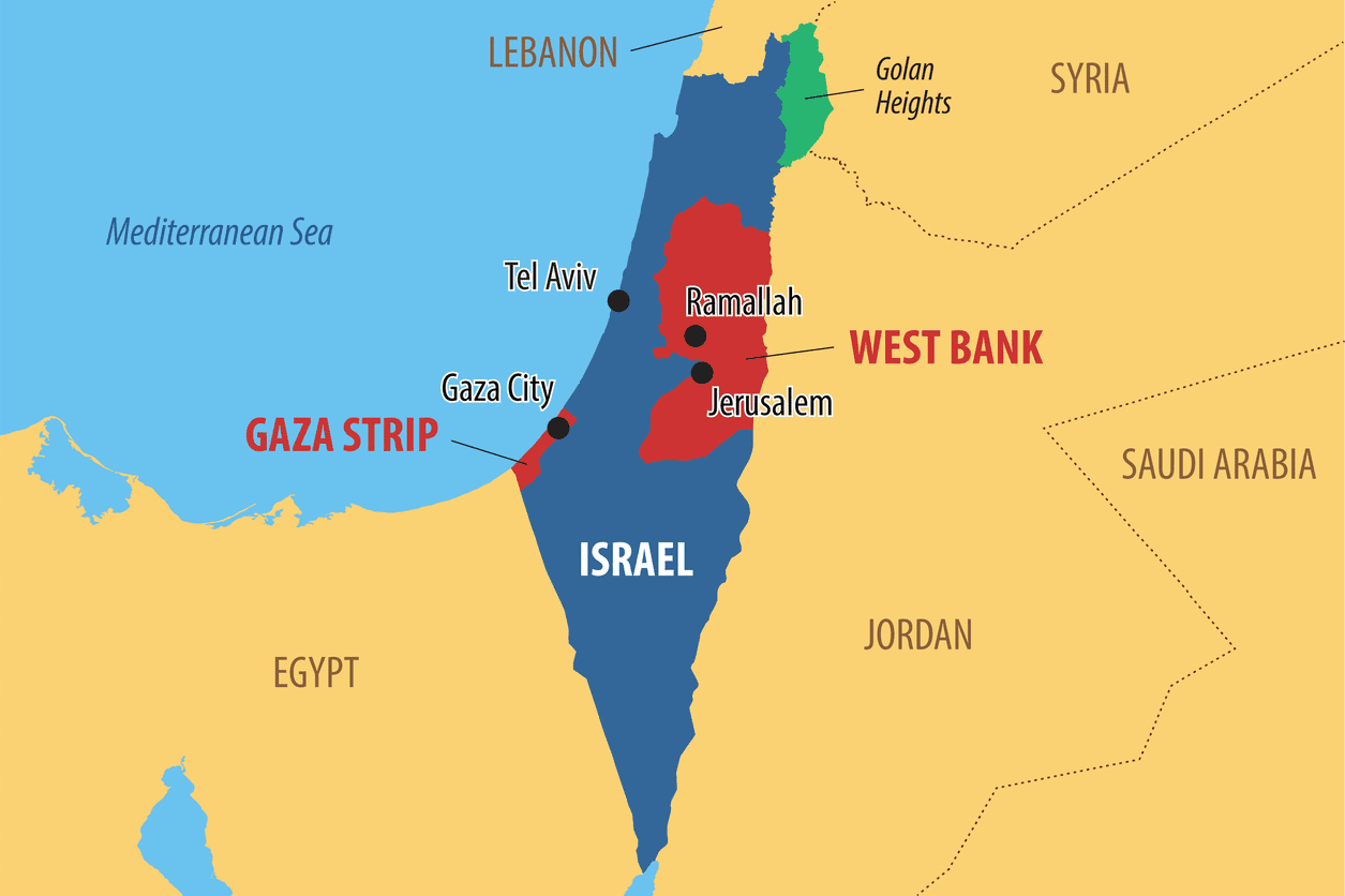 A map of the Palestinian Territories, including the Gaza Strip and West Bank