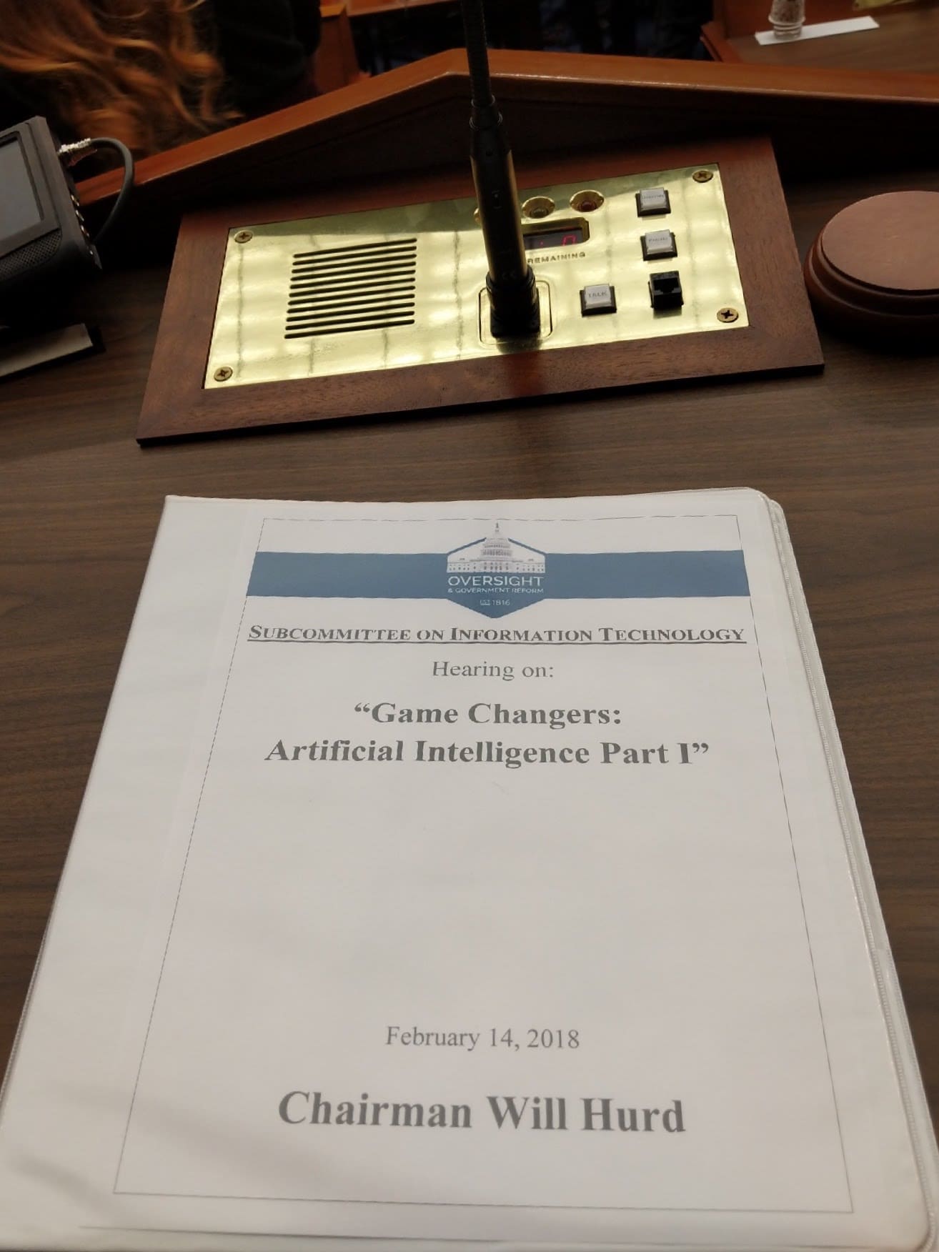 The front cover of the binder for the first hearing on Artificial Intelligence held in Congress by Congressman Will Hurd